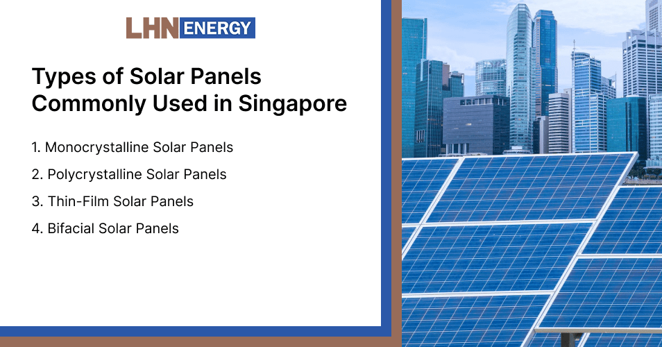 LHN Energy infographic listing types of solar panels in Singapore.