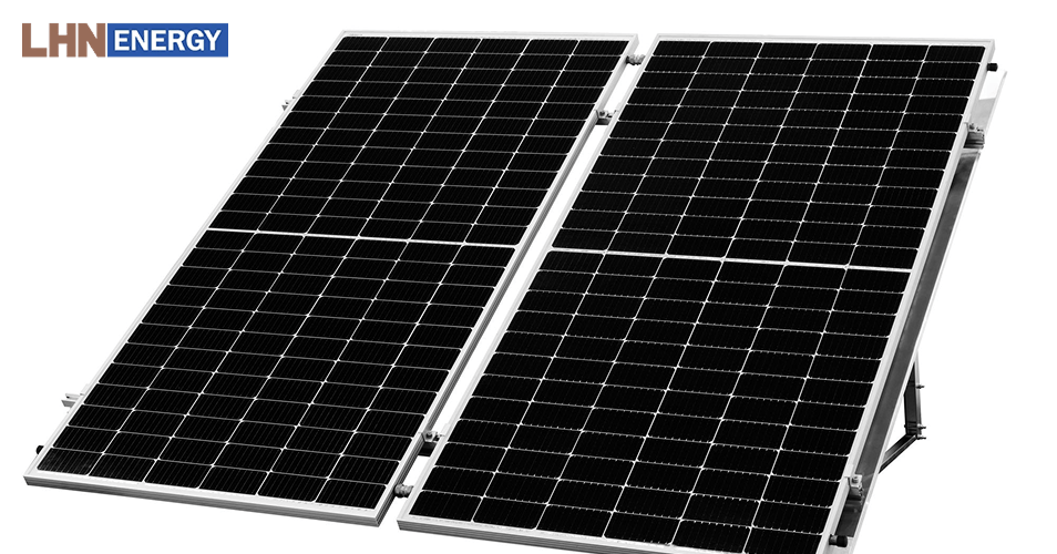 Monocrystalline solar panels installed on a mounting rack.