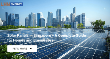 Rooftop solar panel installation overlooking the Singapore city skyline.