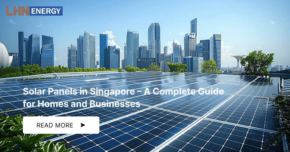 Rooftop solar panel installation overlooking the Singapore city skyline.